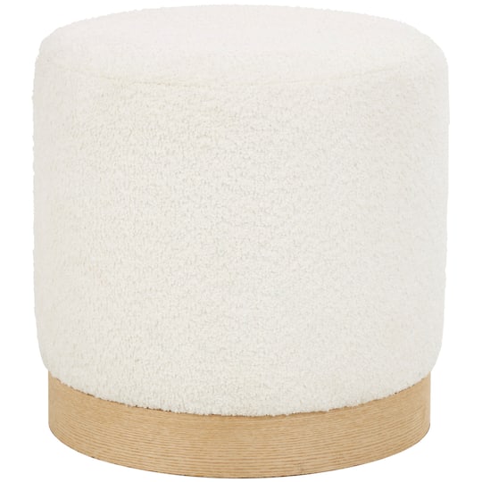 16" White Geometric Boucle Stool with Brown Wooden Base